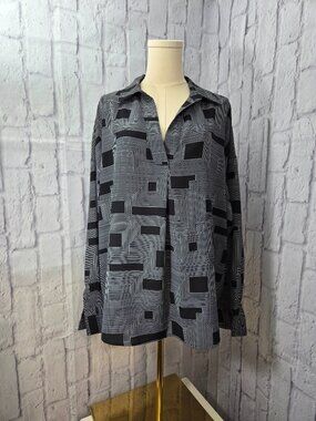 Rafaella Extra Large Black Geometric V Neck Longsleeve Blouse Casual Office